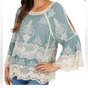 DEMOCRACY Blue Crochet Embellished Top Size XL
